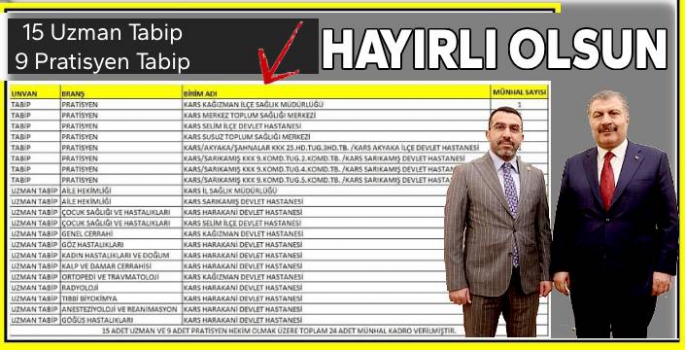 15 Uzman Tabip, 9 Pratisyen Tabip Kars'a Hayırlı Olsun