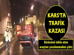 Kars'ta Kontrolden Çıkan Araç Takla Atarak Durabildi