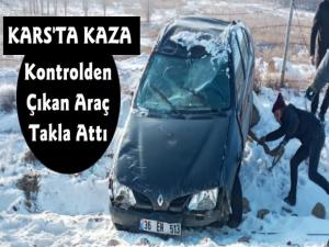 Kars'ta Kontrolden Çıkan Otomobil Takla Attı