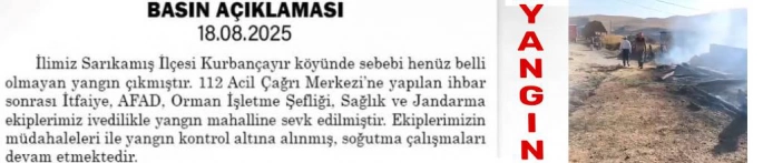 Sarıkamış'taki Yangına Dair Resmi Açıklama Geldi